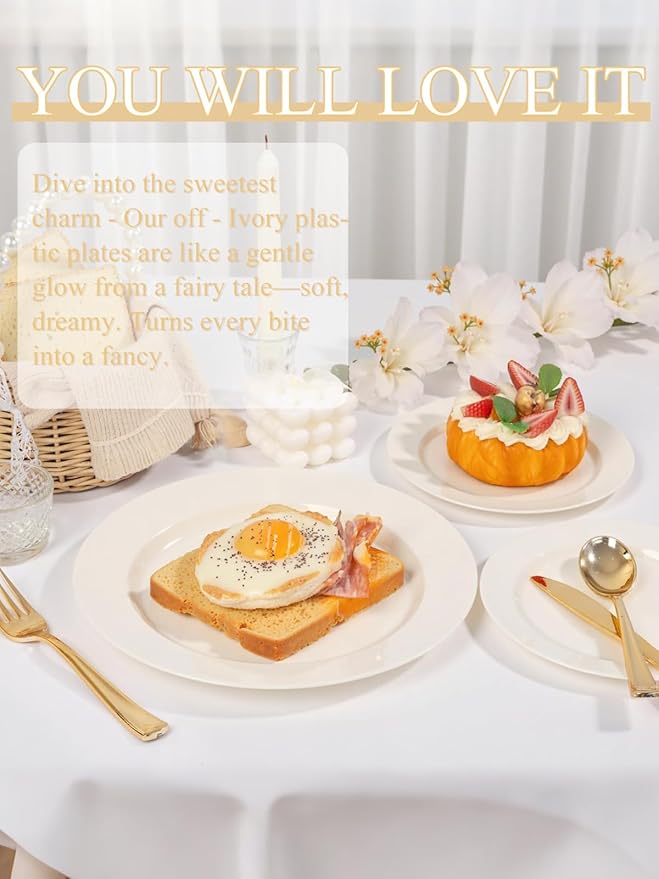 WDF 200PCS Ivory Plastic Plates - Elegant Ivory Disposable Plates for Party- Include 100 Dinner Plate 10inch and 100 Plastic Dessert Plate 7inch Perfect for Party/Baby Shower/Wedding/Birthday