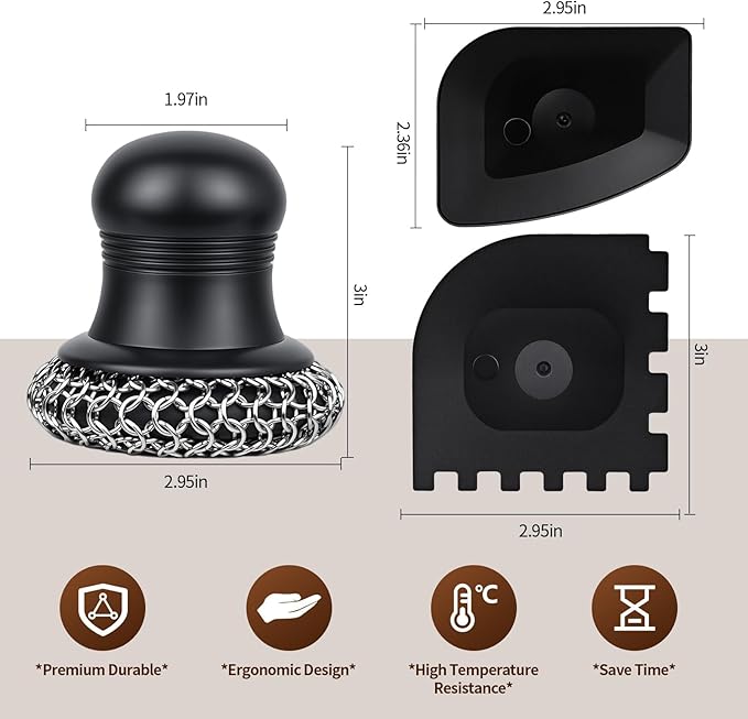 316 Upgraded Cast Iron Scrubber with Pan Scraper,Cast Iron Cleaner for Grill Pan Skillet Wok Carbon Steel,Ergonomic to Hold Easy to Use Dishwasher Safe ((Small&Large Chainmail,2pcs))