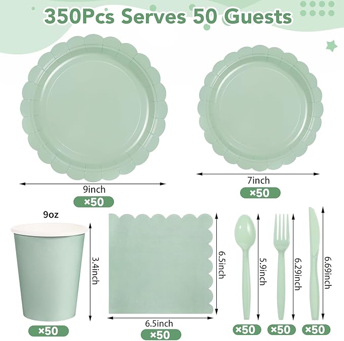 350 Pcs Sage Green Paper Plates and Napkins, Sage Green Party Supplies Include Green Scalloped Plate Paper Napkin Cup Plastic Cutlery for Baby Shower, Wedding, Birthday