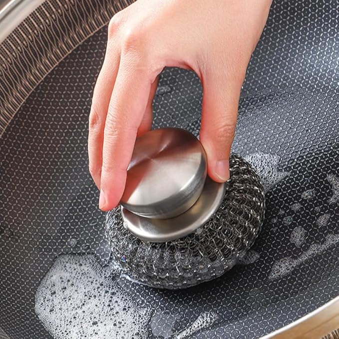 Toyvian Scrubber Brush with Ergonomic Handle, Stainless Steel Heavy Duty BBQ Grill Brush Kitchen Pot Scrubber Non-Scratch Scouring Pad for Cleaning Cast Iron Pots Pans Griddles and Sinks