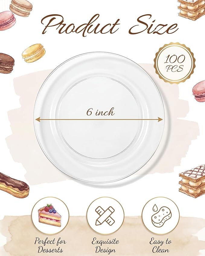 bUCLA 100Pieces Clear Plastic Plates - 6.25inch Premium Hard Disposable Salad/Dessert/Appetizer/Small Cake Plates for Wedding& Party