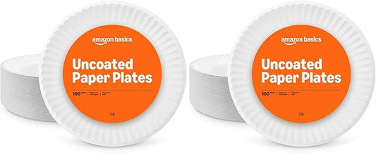 Amazon Basics 9" Uncoated White Paper Plates 2 Pack (200 count)