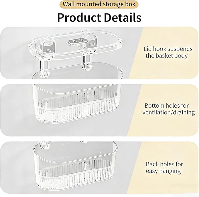 No-Drill Bathroom Suction Storage Box – Large Capacity & Strong Load-Bearing, No Drill Bathroom Shelves Storage with Drain Holes (1, Gray)