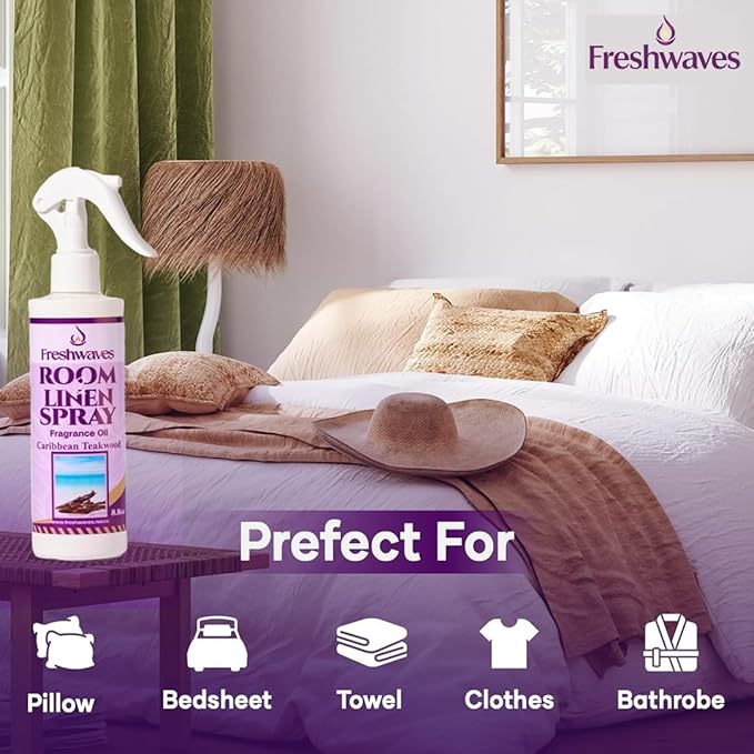 Freshwaves Room & Linen Spray | Caribbean Teakwood Fragrance Oil | 8.8oz Air Freshener | Odor Eliminator for Living Room, Bedroom, Bathroom & Office | White Bottle