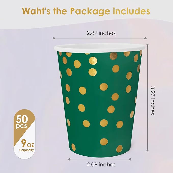 Dark Green and Gold Paper Cups,9 oz Dark Green and Gold Disposable Cups,Paper Cups for Birthday Wedding Party Supplies(50 Pcs)