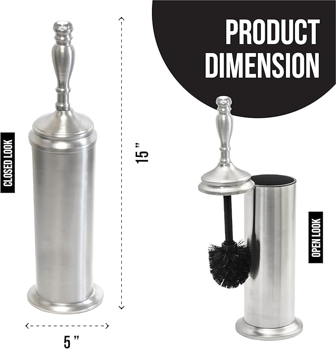 Splash Home Buena Stainless Steel Toilet Brush with Holder, Bowl Scrubber with Durable Cleaning Bristles, Hidden Brush with Splash Protective Disc Design - Chrome
