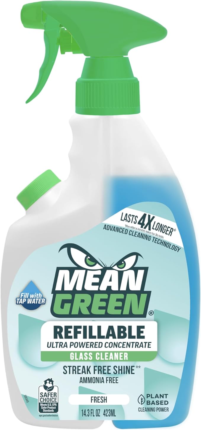 Mean Green Refillable Ultra Powered Glass Cleaner Concentrate, Fresh Scent, 14.3 fl oz – Plant & Mineral Based, Streak-Free Shine, Refillable Bottle Makes 4X Refills
