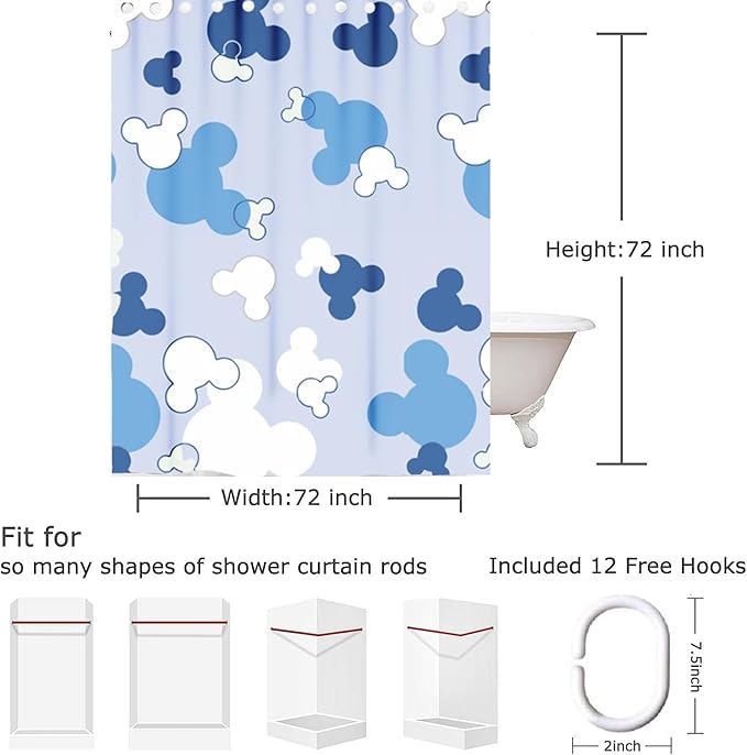 Cartoon Mouse Head Shower Curtain - Kids Bath Curtain Sets - Waterproof Polyester Home Bathtub Decor with 12 Hooks，72x72 Inch Blue,CC-1