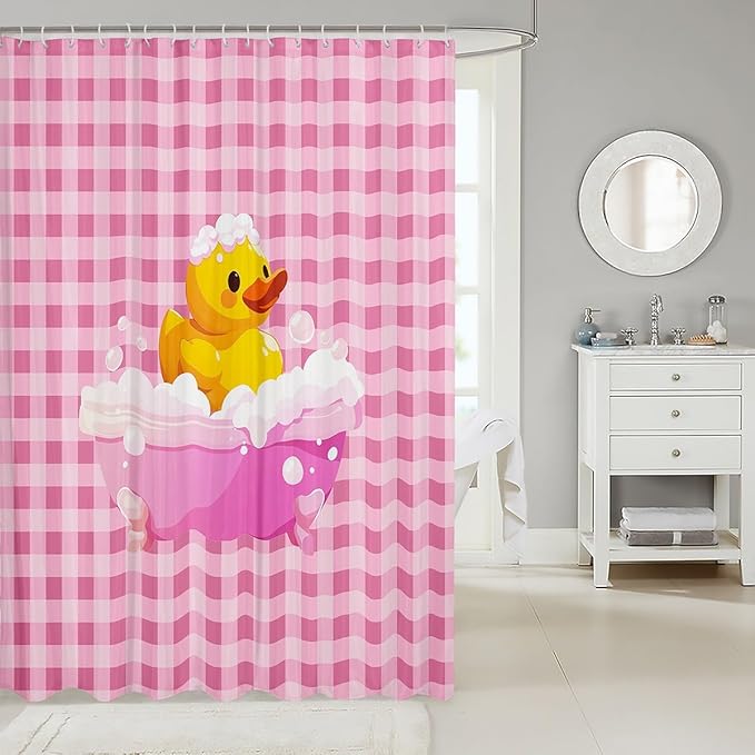 Erosebridal Kids Cute Yellow Duck Shower Curtain Girls Pink Grid Plaid Bath Curtain Farmhouse Pet Animal Bathroom Accessories Cartoon Ducks Fabric Shower Curtains,72" Wx84 L for Teens Boys