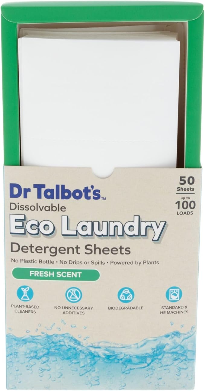 Dr. Talbot's Eco Laundry Detergent Sheets – Fresh Scent, Plant-Based, Biodegradable, No Harsh Additives, Dissolvable for Standard & HE Machines, 50 Sheets (Up to 100 Loads), Travel & Eco-Friendly