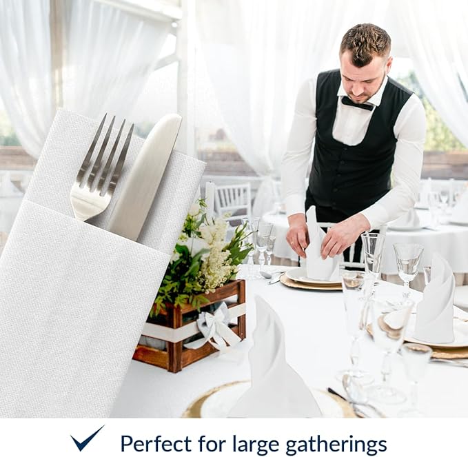 PAW - White Linen Feel Napkins with Built-in Flatware Pocket, Soft and Absorbent Paper Pre-Folded Napkins, Guest Towels, Wedding Party, Dinner, Birthday, Gatherings, 50 Count