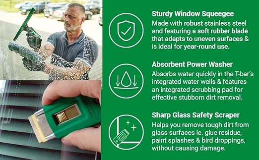 Unger Commercial Window Cleaning Kit Set – Microfiber Sleeve, 14'' ErgoTec Squeegee, 3 Gallon Bucket, 1L Glass Cleaner, Safety Scraper, Microfiber Cloth – Professional Window Cleaning Equipment, WNK15