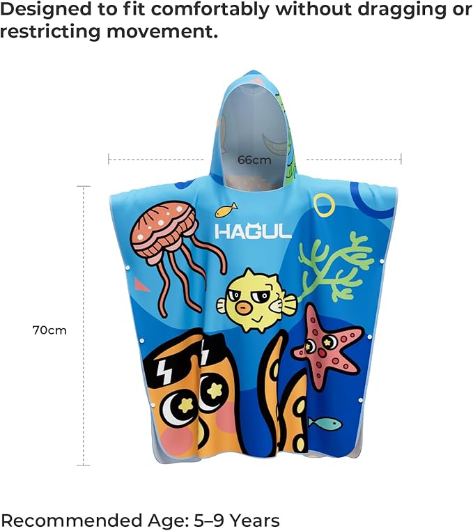 Kids Hooded Beach Poncho, 66×70cm, Soft & Quick-Dry with Fun Ocean Prints, Lightweight Swim Towel for Pool, Beach & Water Park (Ages5–9) (Blue, Small)