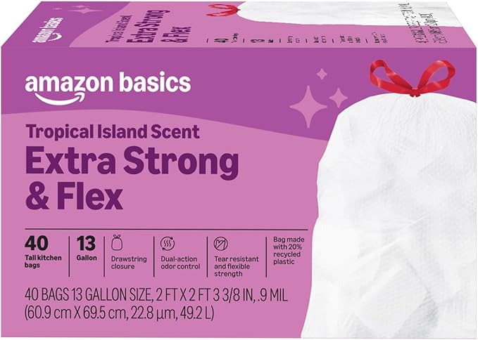 Amazon Basics Extra Strong & Flex Tall Kitchen Drawstring Trash Bags, Tropical Island Scent, 13 Gallon, Tear Resistant with Odor Control, 40 Count