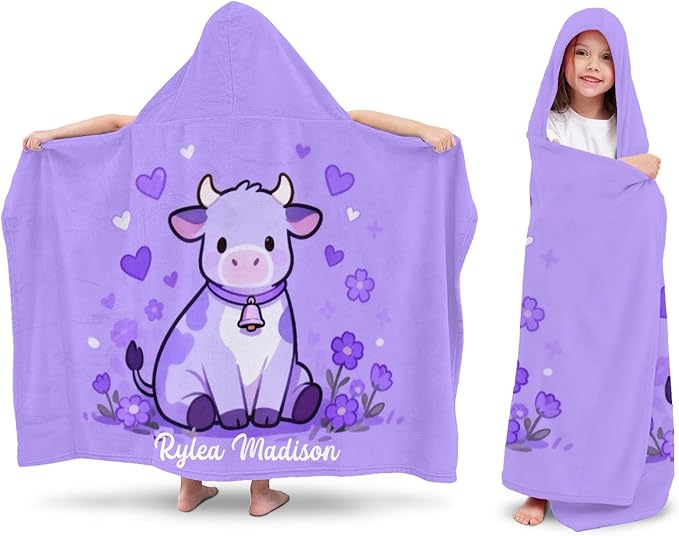 Cow Purple Bell Personalized Hooded Towel Absorbent Wrap Soft Pool Beach Bath Towels Hood Poncho for 5-12 Years Kids Boys Girls