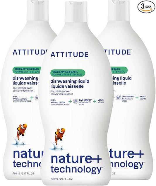 ATTITUDE Dish Soap, EWG Verified, Plant-Based & Vegan Dishwashing Liquid, Naturally Derived, Green Apple and Basil, 23.7 Fl Oz (Pack of 3)