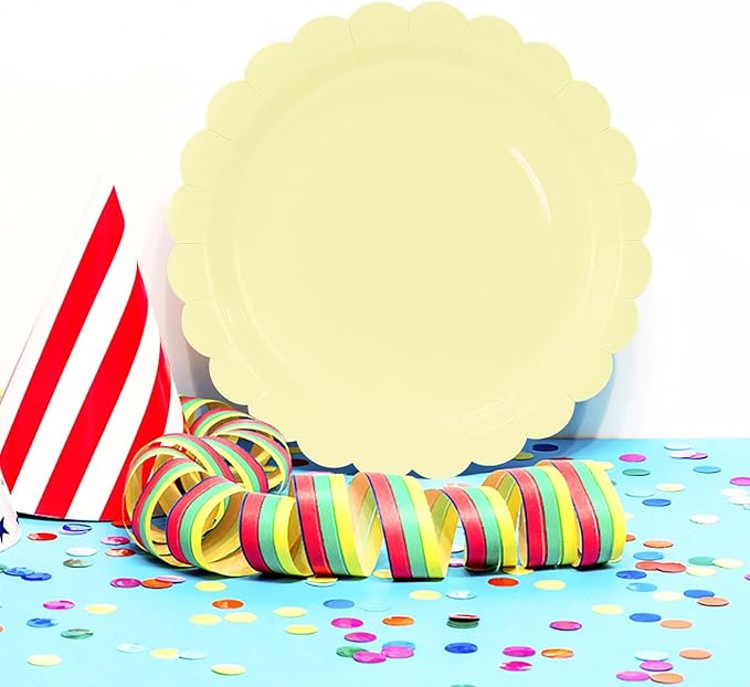 HEIPINIUYE 25 Pieces Yellow Paper Plates 7 Inch Yellow Scalloped Plates Disposable Dinner Plate for Wedding Baby Shower Birthday Party Dessert Plate