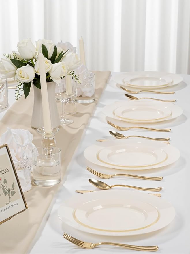 WDF 200PCS Ivory Plastic Plates - Elegant Ivory Disposable Plates for Party- Include 100 Dinner Plate 10inch and 100 Plastic Dessert Plate 7inch Perfect for Party/Baby Shower/Wedding/Birthday