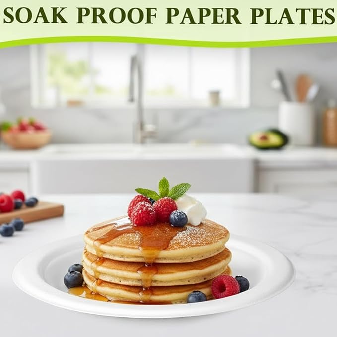 125 Pack 6 inch Paper Plates, Heavy-Duty Disposable Paper Plates 100% Compostable - Biodegradable Bagasse Dessert Plates Bulk for Party, Wedding, Snacks (Natural) (6 Inch 125 Pack White)