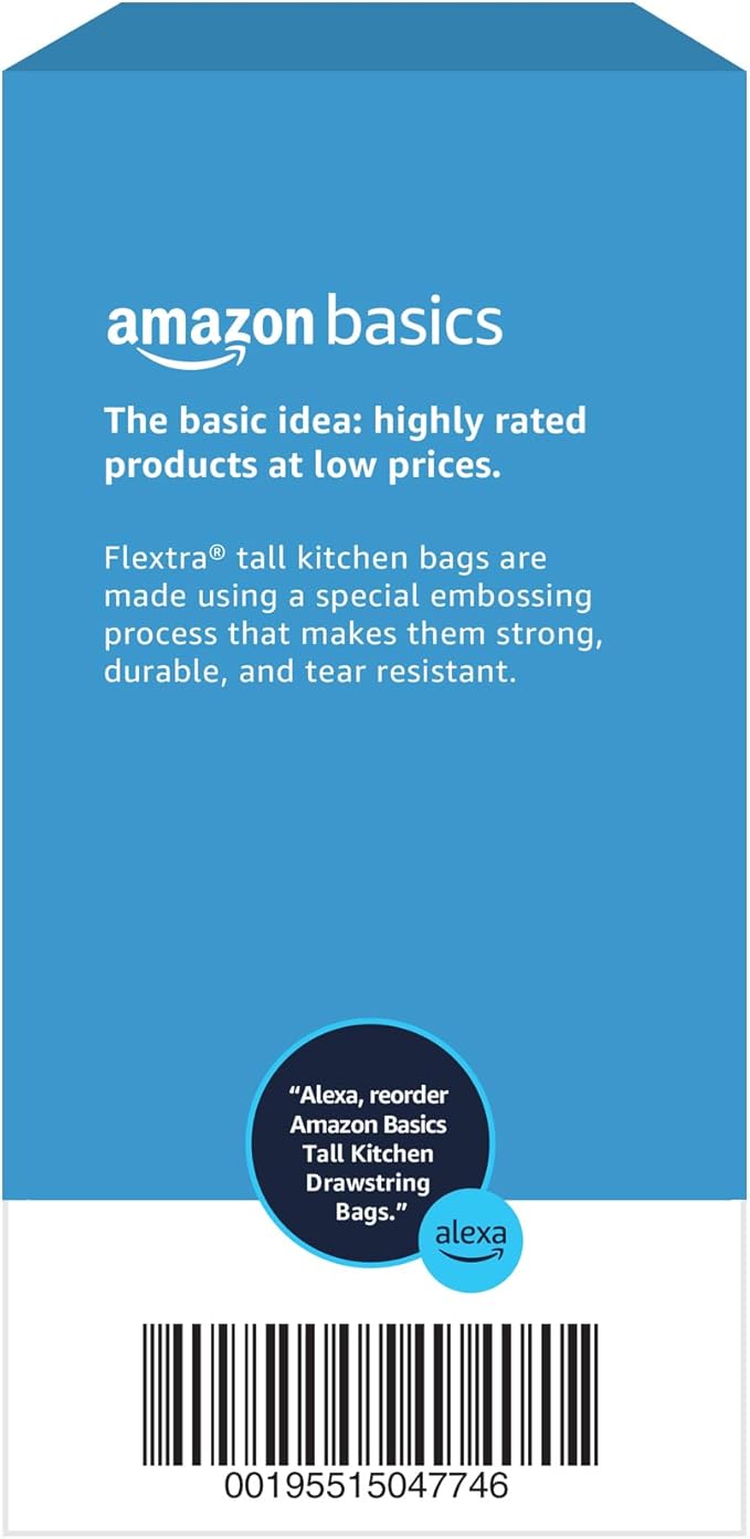 Amazon Basics 13 Gallon Tall Kitchen Drawstring Trash Bags, Flextra Strength, Tear Resistant, Clean Fresh Scent, 10% Post Consumer Recycled, 120 Count