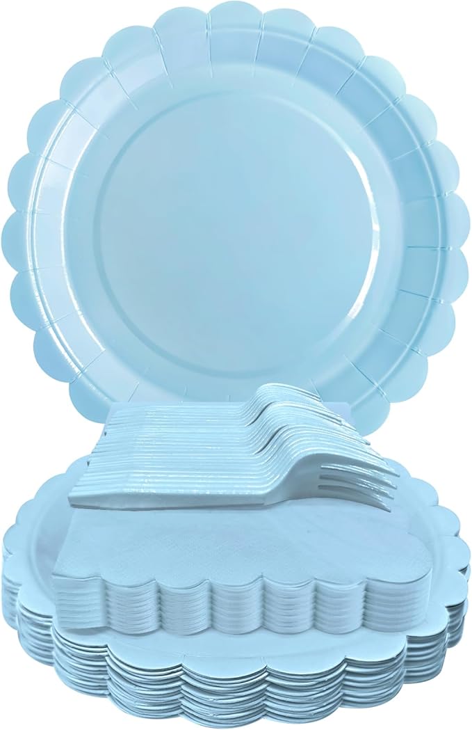 Light Blue Paper Plates and Napkins,7 Inch Baby Blue Scalloped Disposable Dessert Plates Paper Napkin Fork Party Supplies for Wedding Baby Shower Birthday(25 Guest)