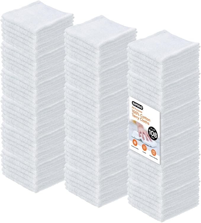 Superio Terry Cloth Rags White Washcloths 100% Cotton 12" Cleaning Cloths, Kitchen Towels, Facial Washcloth, Spa Cloths, Hand Towel, Small Lint Free Rags for Multi-Purposes, 108 Pack