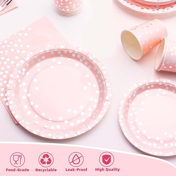 Pink Birthday Plates Baby Shower Party Supplies,168PCS Pink Plates Set with Silver Cutlery for Baby Girl Birthday Party Decorations Serve 24