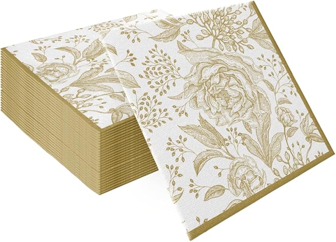 PAW - 50 Pieces Floral Linen-Feel Paper Napkins 16" x 16", Disposable Cloth-Like Napkins with Rose Design, Dinner Napkins for Party, Wedding, Barbecue, Picnic