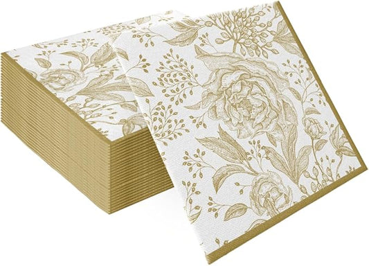 PAW - 50 Pieces Floral Linen-Feel Paper Napkins 16" x 16", Disposable Cloth-Like Napkins with Rose Design, Dinner Napkins for Party, Wedding, Barbecue, Picnic