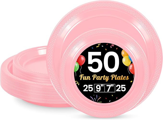 LANLISA 50 Pcs Pink Plastic Plates For Party, 25-9" & 25-7" Disposable Cake Dessert Plates For Birthday, Valentines Day, Baby Shower, Easter, Mothers Day Dinner