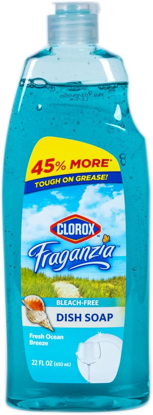 Clorox Fraganzia Liquid Dishwashing Soap, Ocean Scent - Cuts Through Tough Grease Fast, Quick-Rinsing Formula Washes Away Grime, A Powerful Clean You Can Trust, 22 Fl Oz, Pack of 2