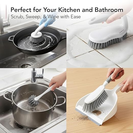 OVENTE Multipurpose Household Cleaning Kit, Deep Cleaning Brush Set with Wiper & Dustpan, Ergonomic Handle & Stiff Bristles, Ideal for Cleaning Kitchen, Bathroom, Dishes, Tiles & Sink, White CTB018WGY