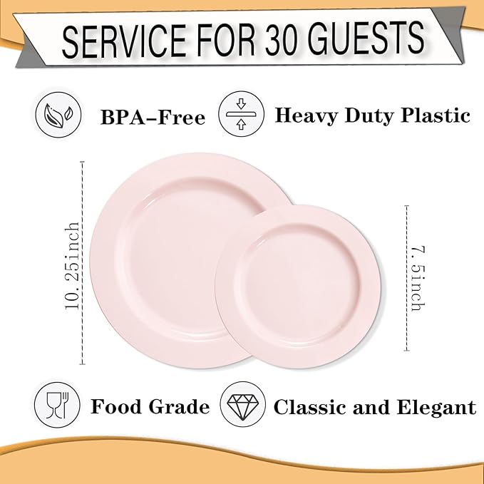 FLOWERCAT 60PCS Pink Plastic Plates - Heavy Duty Pink Plates Disposable for Spring Party&Mother's Day/Wedding - serving 30 guests Include 30PCS 10.25inch & 30PCS 7.5inch