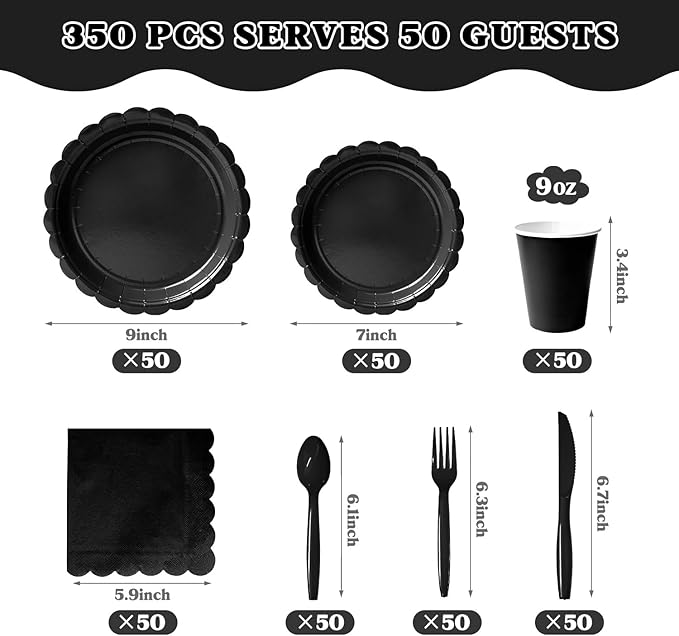 Vyntra 350 Pcs Black Disposable Paper Plates and Napkins Set for 50, 9" Dinner Plates & 7" Dessert Plates, Tableware for Birthday, Graduation, Wedding, Party