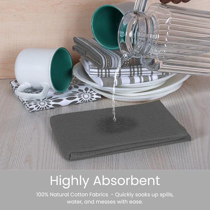 100% Cotton Assorted Kitchen Towels - Assorted Set of 5 Large 16x26 inch - Soft Absorbent Durable - Ideal for Drying, Cleaning, and Everyday Kitchen Use - Quick-Drying Dish Towel Grey