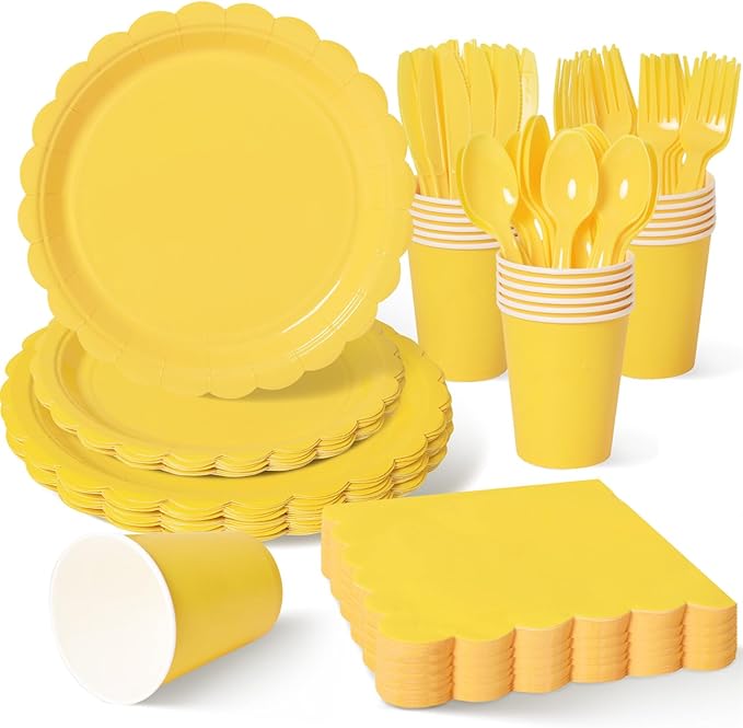 Vyntra 175 Pcs Yellow Disposable Paper Plates and Napkins Set for 25, 9" Dinner Plates & 7" Dessert Plates, Tableware for Birthday, Baby Shower, Picnic, Party