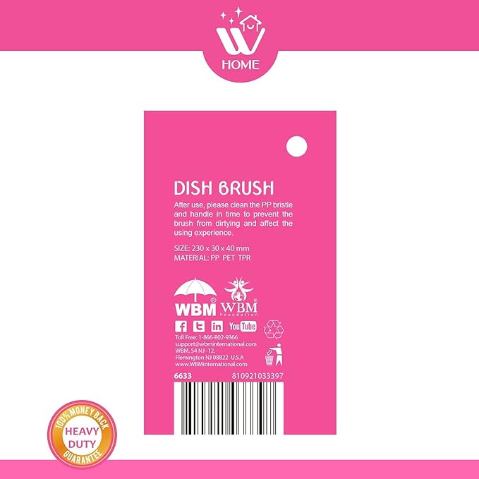 Natural Solution WBM Home Dish Brush, 3-Pack Pink, Nylon Bristles & Handle, Kitchen & Bathroom Cleaning Brushes