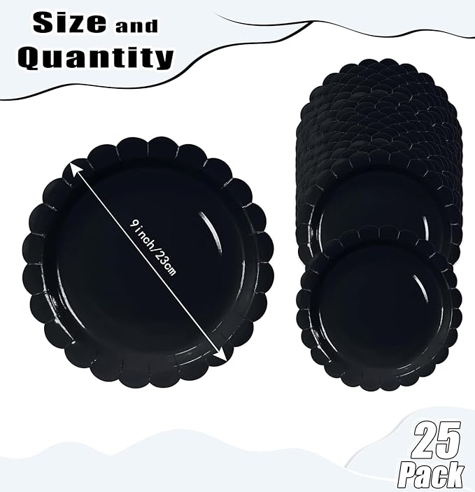 HEIPINIUYE 25 Pieces Black Paper Plates 9 Inch Black Scalloped Plates Disposable Dinner Plate for Wedding Baby Shower Birthday Halloween Party Dessert Plate