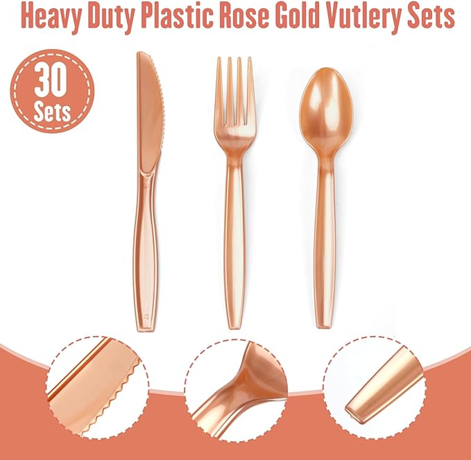 Lzerking Party Supplies Set - 210 Pieces of White and Rose Gold Dot Wedding Paper Plates, Cups, Napkins, and Heavy Duty Silverware for 30 Guests for Birthdays, Graduation, Festivals