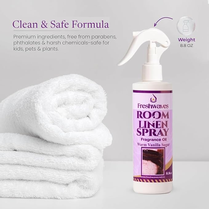 Freshwaves Room & Linen Spray | Warm Vanilla Sugar Fragrance Oil | 8.8oz Air Freshener | Odor Eliminator for Living Room, Bedroom, Bathroom & Office | Trigger Spray Bottle