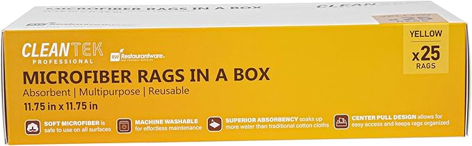 Restaurantware-Clean Tek Professional 11.81 x 11.81 Inch Microfiber Rags In a Box, 25 Absorbent Cleaning Cloths - No-Scratch, Yellow Microfiber Reusable Edgeless Cleaning Towels, Leaves No Streak