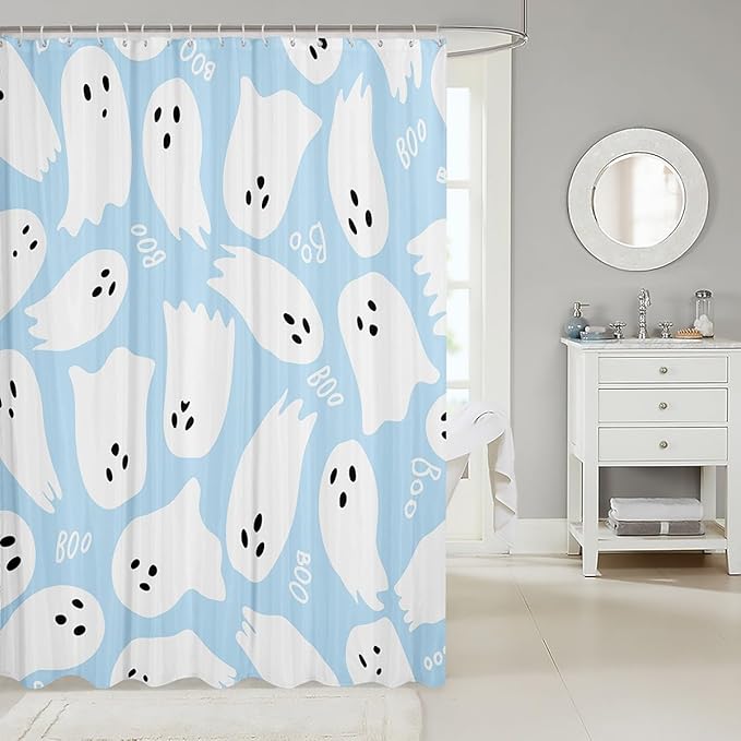 Castle Fairy Light Blue Watercolor Bathroom Curtains for Kids Teens Adults,Halloween Trick or Treat Shower Curtains,Kawaii Cute Ghost Bath Curtains with 12 Hooks,Waterproof,72" W x 78" L