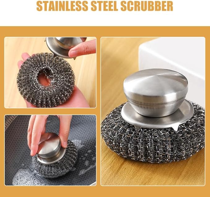 Toyvian Scrubber Brush with Ergonomic Handle, Stainless Steel Heavy Duty BBQ Grill Brush Kitchen Pot Scrubber Non-Scratch Scouring Pad for Cleaning Cast Iron Pots Pans Griddles and Sinks