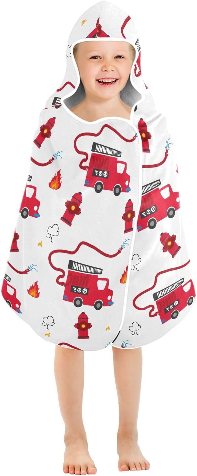 susiyo Kids Hooded Bath Towel Fire Truck Beach Towel for Kids 23.5 x 50 Inch Microfiber Soft Absorbent Quick Dry Bath Swim Pool Towel Wrap Poncho Bathrobe with Hood for Kids Toddler