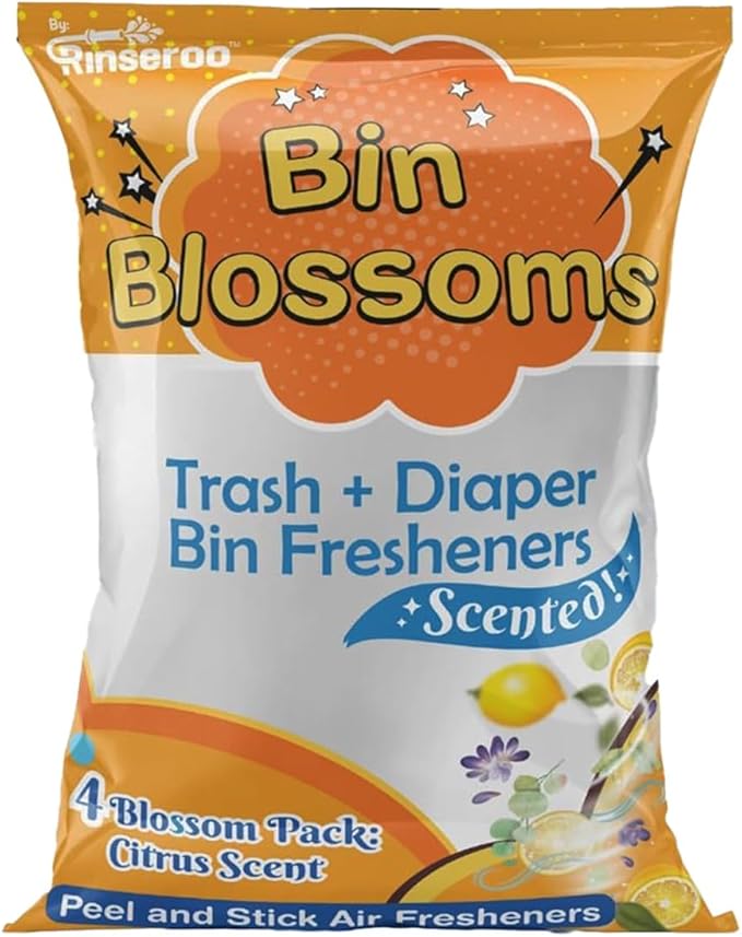 Bin Blossoms: New & Improved Peel & Stick Air Freshener (4-Pack) – Citrus Fresh Trash Can Deodorizer, Diaper Pail Odor Neutralizer, Garbage Bin Odor Control for Lid or Base