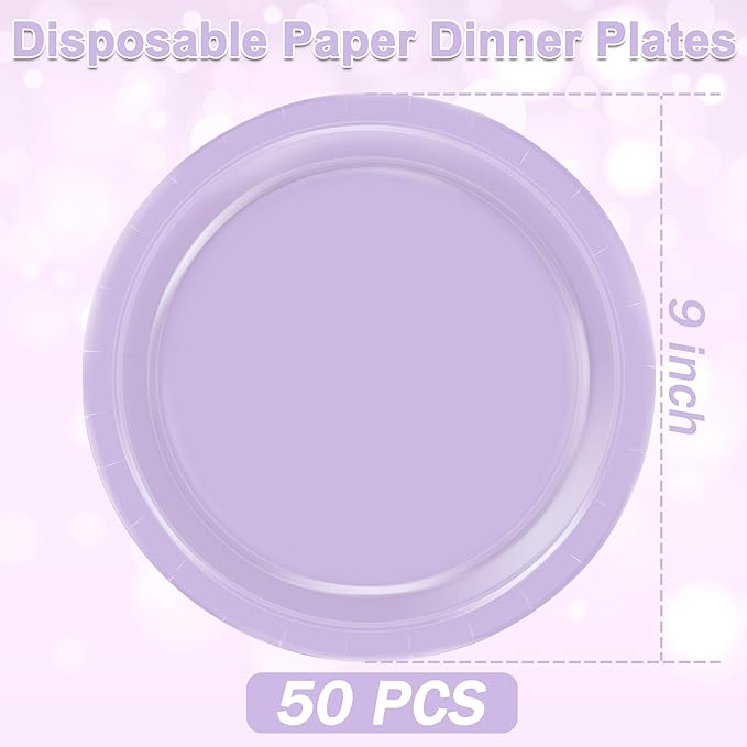 QZYL 50 Pieces of Paper Plates, Round Lavender Party Plates Pack, Disposable 9 Inches Paper Dinner Plates, Everyday Use Plates for Daily Meals Picnic Camping Birthday Wedding Christmas Supplies