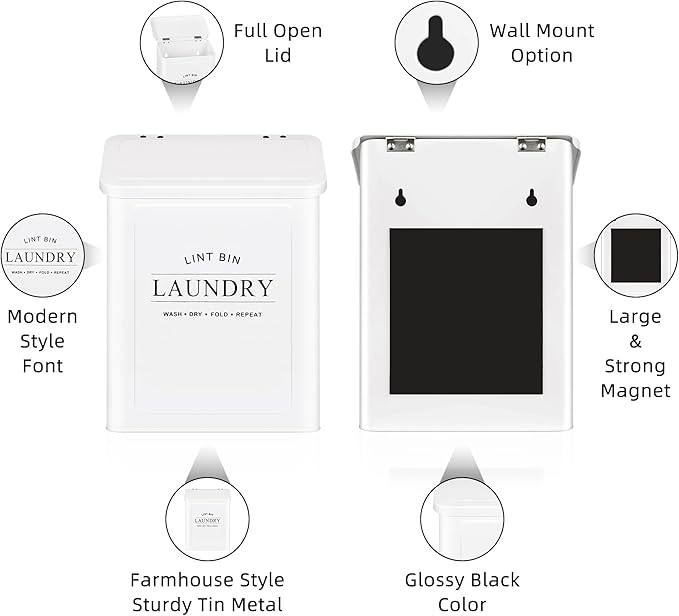 Magnetic Lint Bin for Laundry Room, Metal Lint Container with Lid and Brush, Wall Mounted Lint Box for Dryer, Farmhouse Laundry Room Decor, White