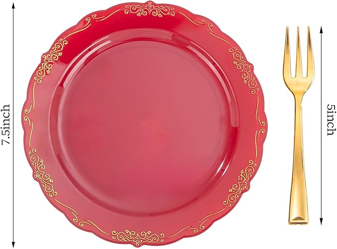 LIYH 100 Pcs Burgundy Gold Plastic Dessert Plates with 100 Pcs Gold Dessert Forks, Disposable Red Salad Plates Includes 100 Appetizer Plate 7.5"and 100 Golden Cake Forks 5 "