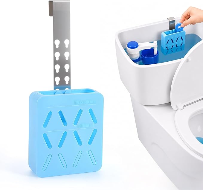 Toilet Tank Tablet Holder Adjustable 6 Levels, Silicone Toilet Cleaner Holder with Stainless Steel Hook, Hanging Bleach Tablet Holder, Prevents Flapper Jam, Universal Fit for Toilet Tank