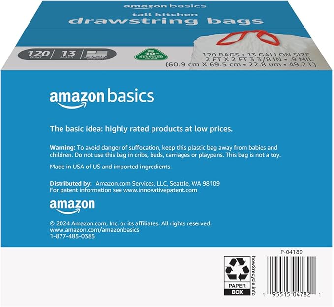 Amazon Basics 13 Gallon Tall Kitchen Drawstring Trash Bags, Unscented, 10% Post Consumer Recycled, 120 Count, White
